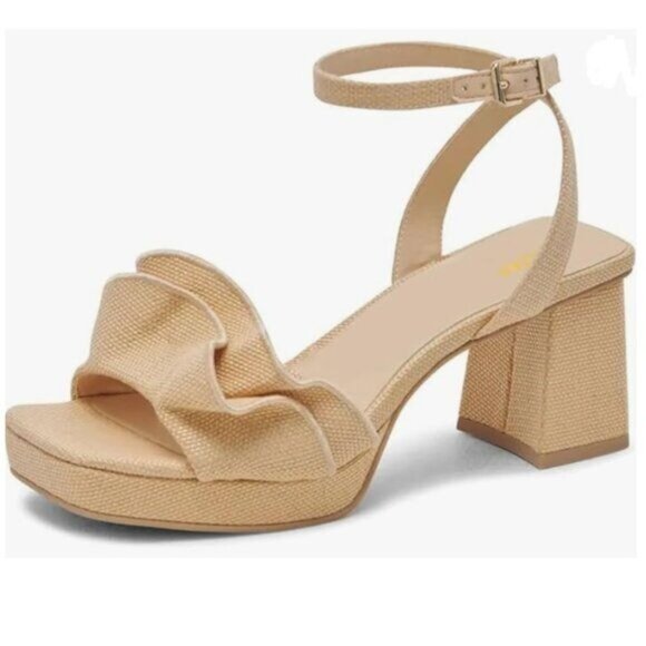 Pazzion Khaki Platform Square Toe Pleated Ruffle Chunky High Heels Strap Sandal - Picture 1 of 8